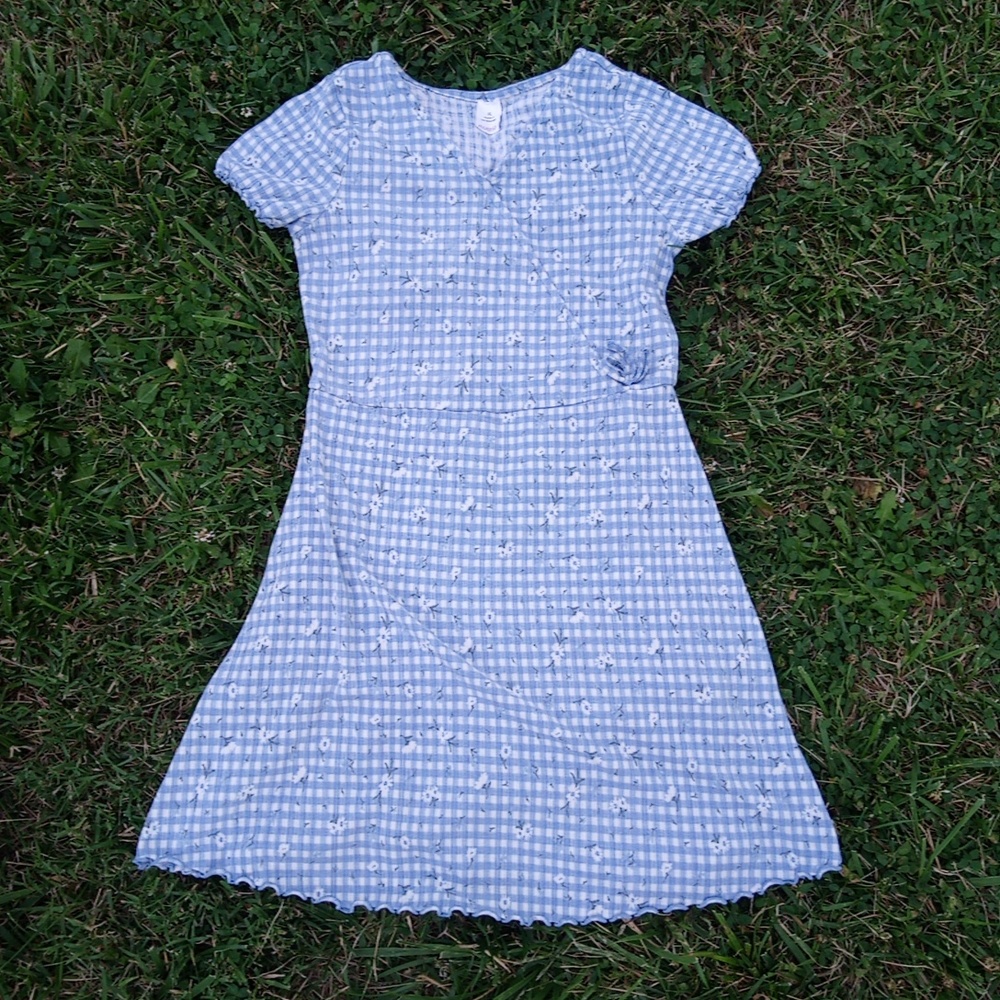 Blue White Checkered Floral Ruffly Flowy V Neck Faux Wrap Short Sleeve Dress